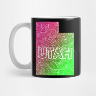 Colorful mandala art map of Utah with text in pink and green Mug